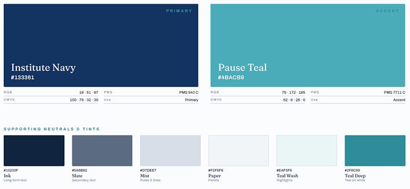 IALM colour palette: Institute Navy, Pause Teal and supporting neutrals